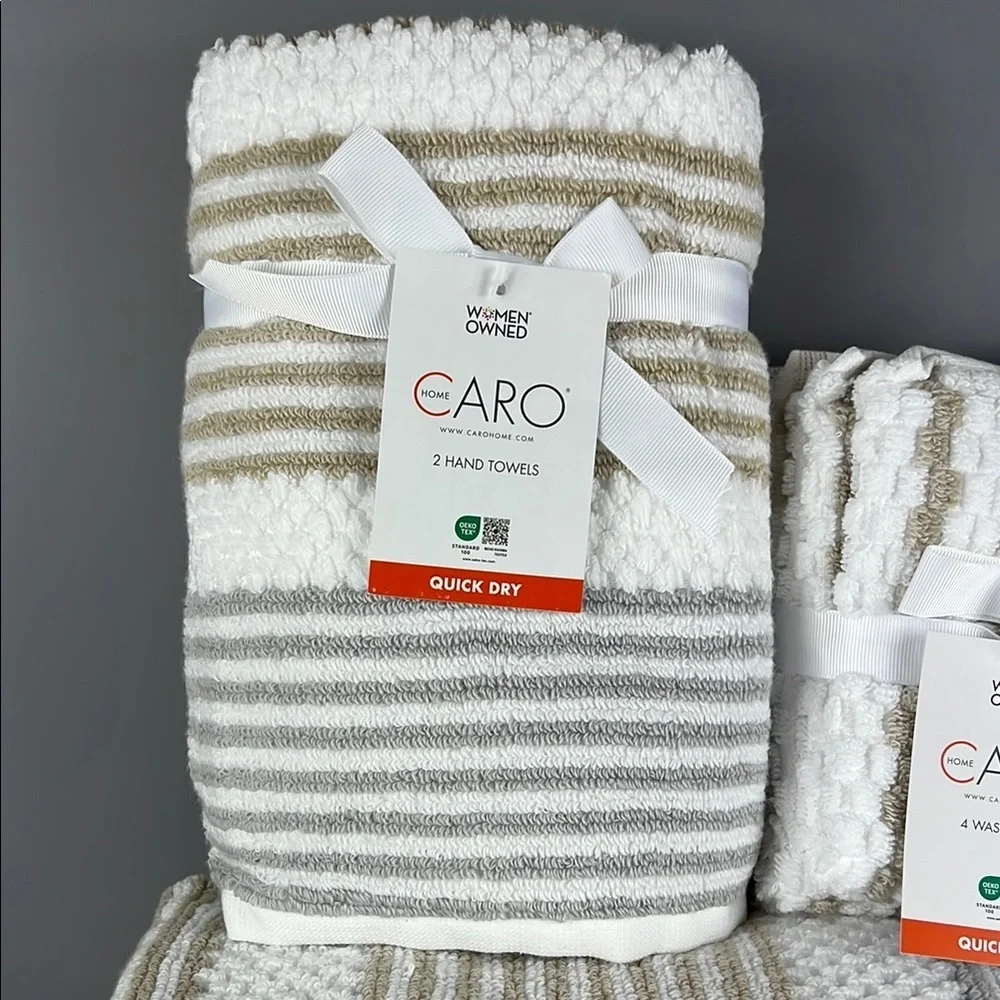 Caro Home Bath Towel Set White Gray Tan Stripe Plush Bath Hand Wash 8 Pc NEW